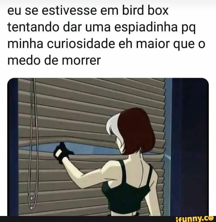 eu se estivesse em bird box
tentando dar uma espiadinha pq
minha curiosidade eh maior que o
medo de morrer