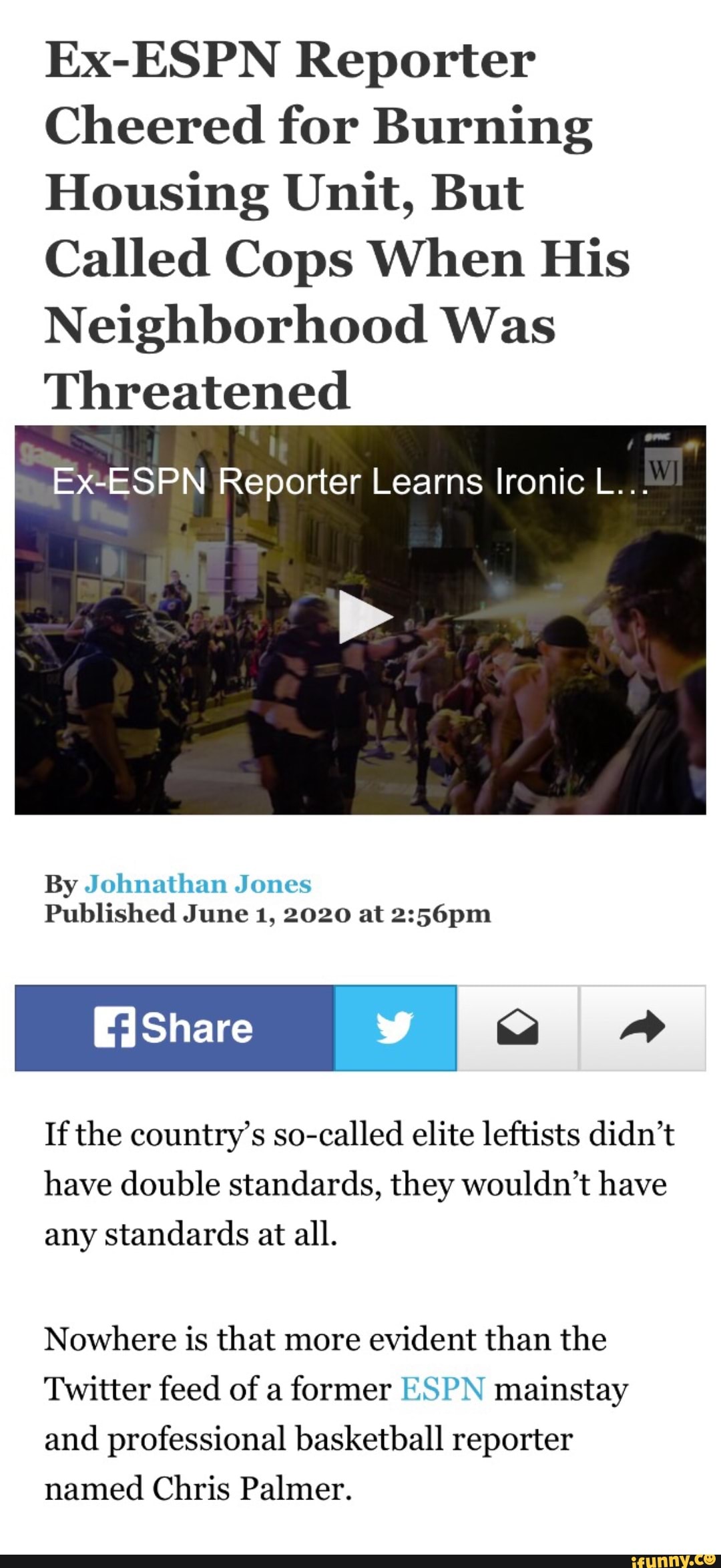Ex-ESPN Reporter
Cheered for Burning
Housing Unit, But
Called Cops When His
Neighborhood Was
Threatened
EX*ESPN Reporter Learns Ironic L..:
By Johnathan Jones
Published June 1, 2020 at 2:56pm
If the country's so-called elite leftists didn't
have double standards, they wouldn't have
any standards at all.
Nowhere is that more
evident than the
Twitter feed of a
former ESPN mainstay
and professional basketball reporter