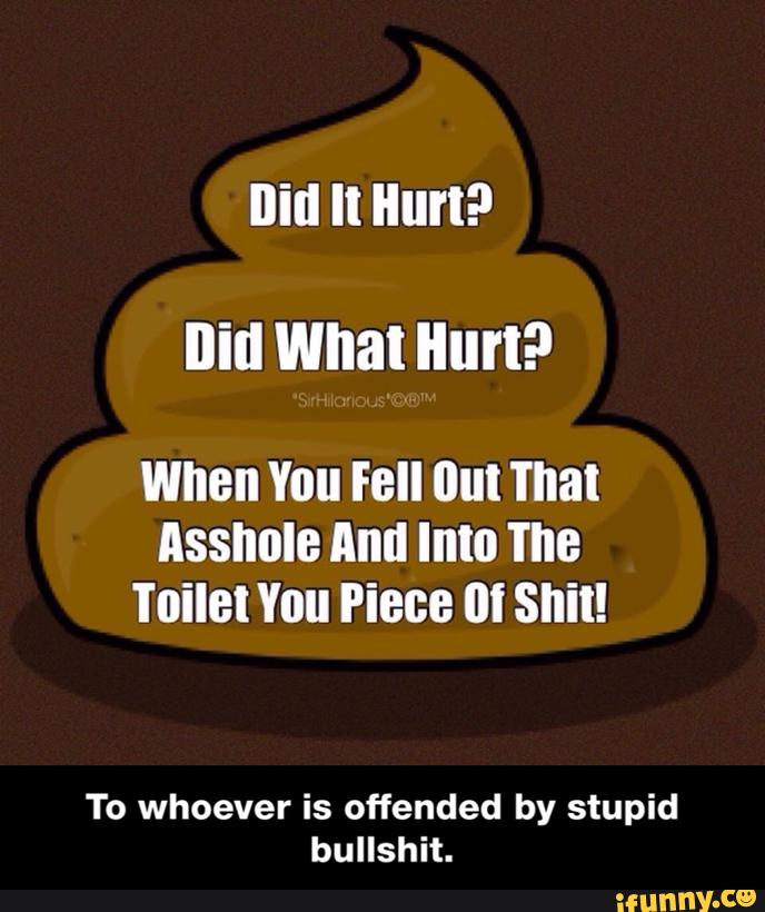 nin It Hurt?
Ilill What Hurt?
When You Fell lllll That
Asshole And Imo The
Toilet You Piece ÍIÍ Sllil!
To whoever is offended by stupid
bullshit. - To whoever is offended by stupid bullshit.