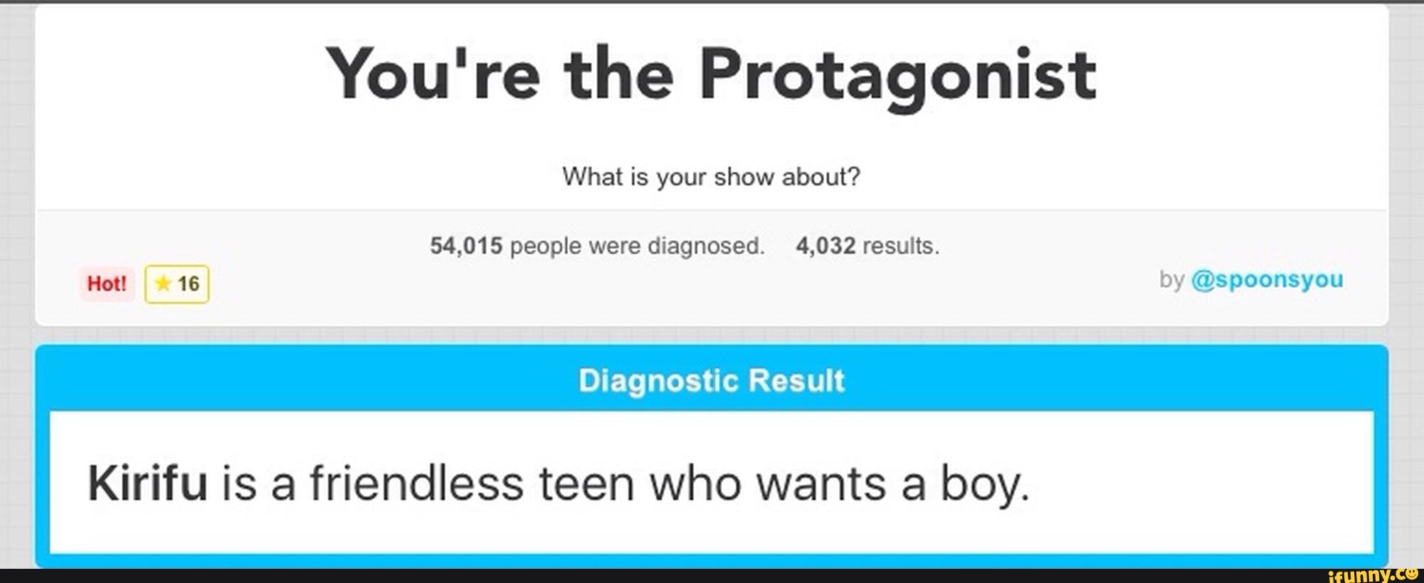 Protagonist
What is show about?
54,015 people were diagnosed. 4,032 results.
Hot! 16 by @spoonsyou
Diagnostic Result
Kirifu is a friendless teen who wants a boy.