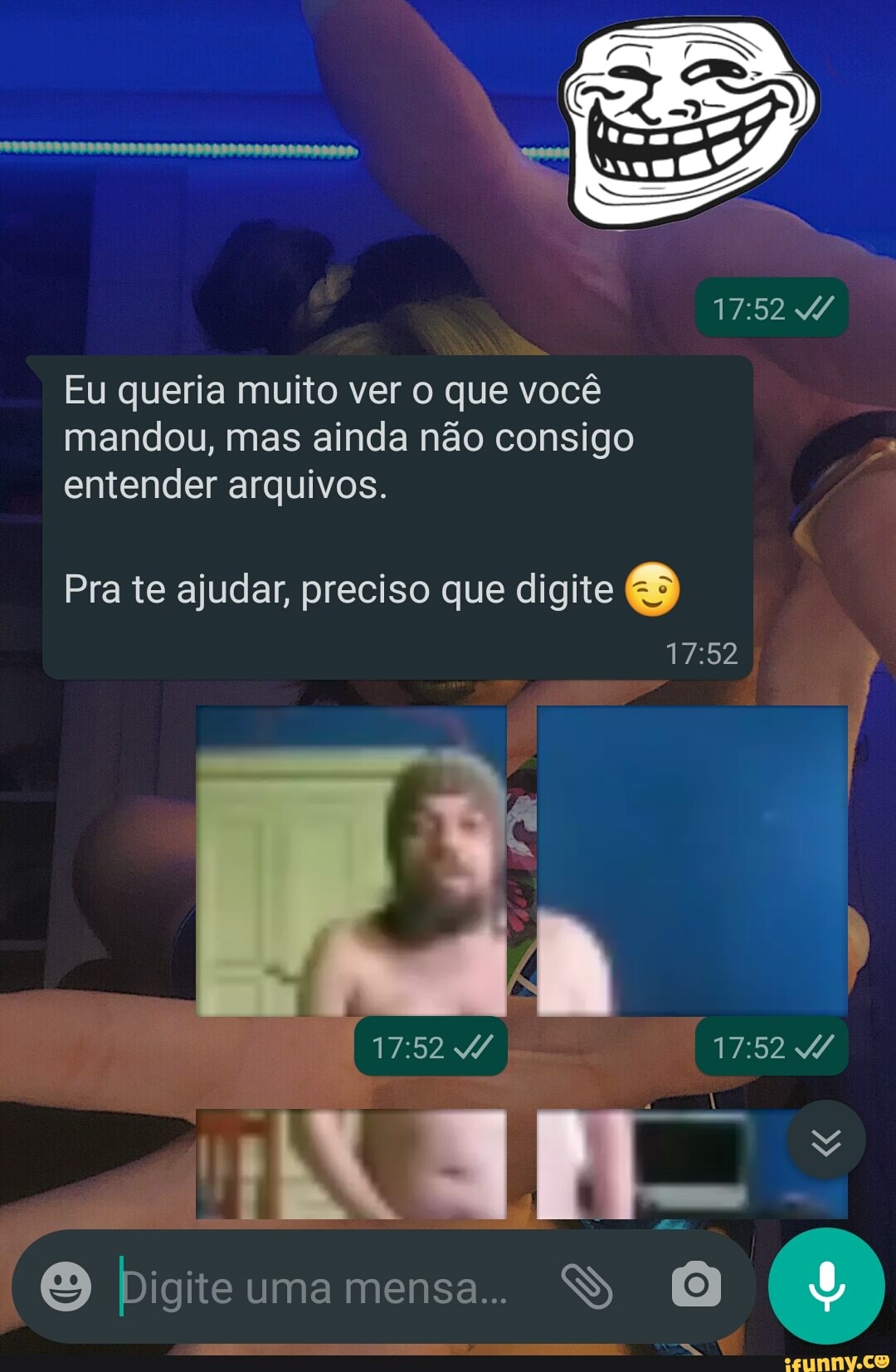 Eu queria muito ver o que você mandou, mas ainda não consigo entender arquivos.
Pra te ajudar, preciso que digite
Digite uma mensa..