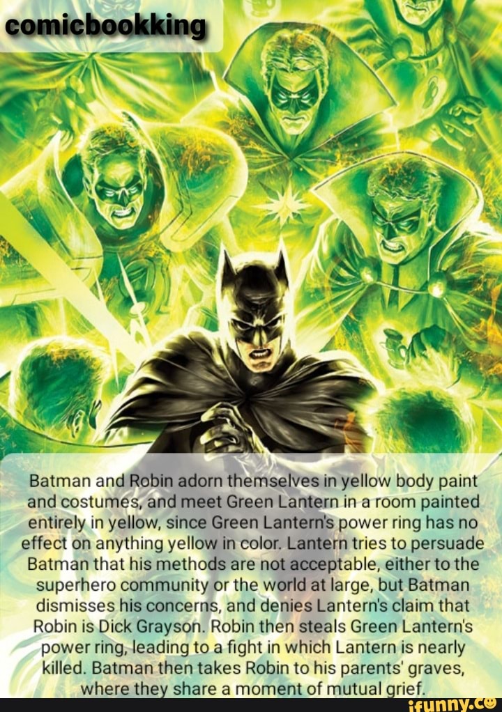 Batman and Robin adorn themselves in yellow body paint and costumes, and  meet Green Lantern in