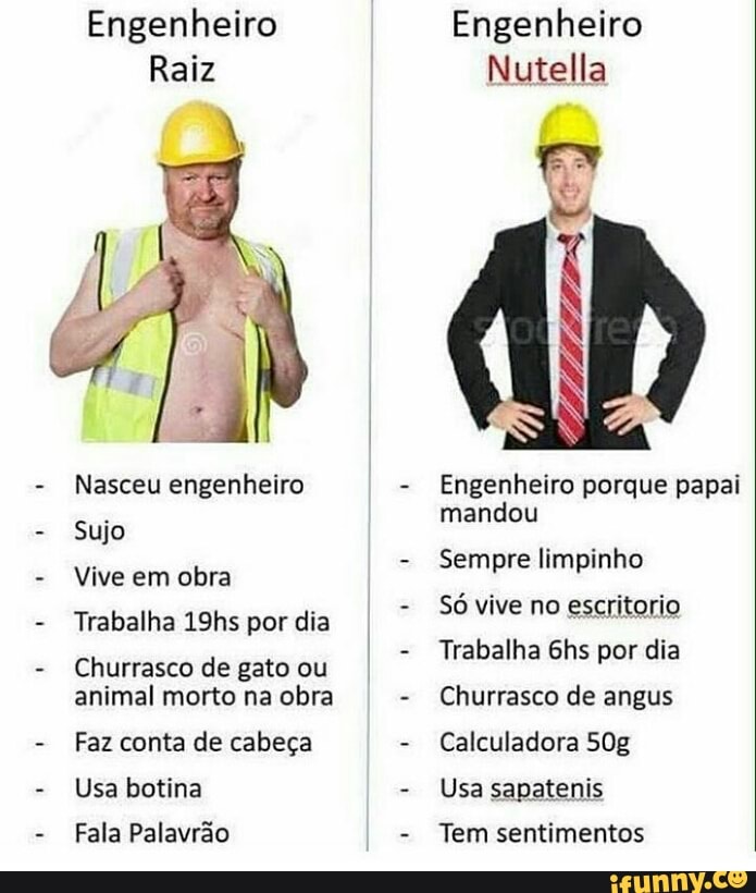 Nasceu engenheiro
Sujo
Vive em obra
Trabalha 19hs por dia
Churrasco de gato ou
animal morto na obra
Faz conta de cabeça
Usa botina
Fala Palavrão
Engenheiro porque papai
mandou
Sempre limpinho
Só vive no escritorio
Trabalha 6hs por dia
Churrasco de angus
Calculadora 50g
Usa sapatenis
Tem sentimentos