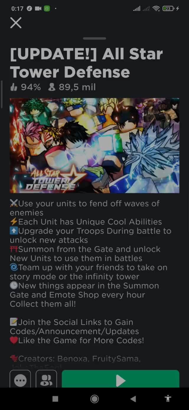 all [UPDATE!] All Star Tower Defense AS th 94% 89,5 mil Use your units to  fend off waves of enemies Each Unit has Unique Cool Abilities Upgrade your  Troops During battle