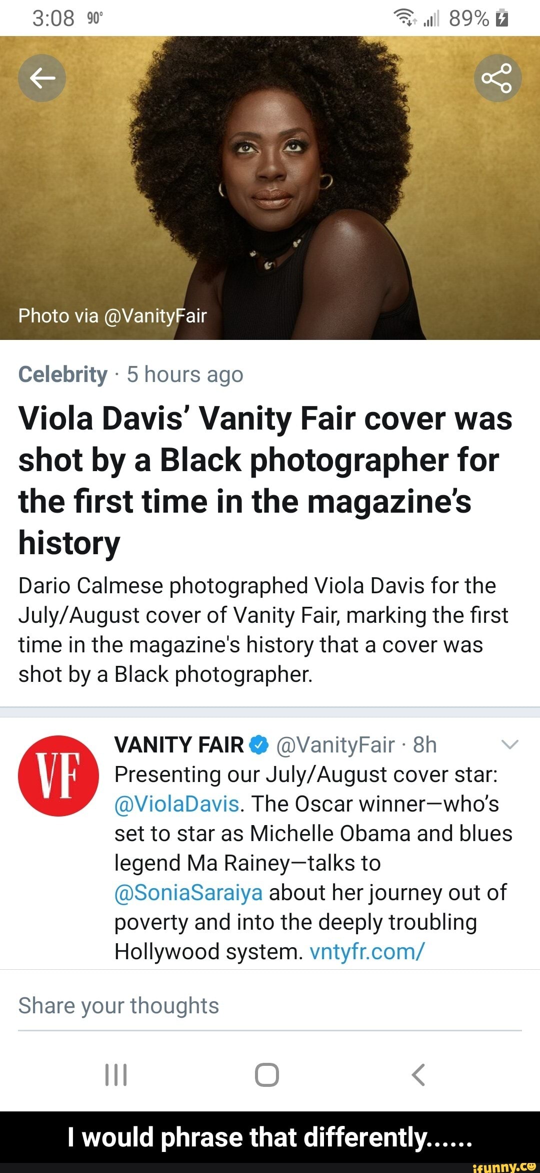 Photo via VanityFair Celebrity 5 hours ago Viola Davis' Vanity Fair