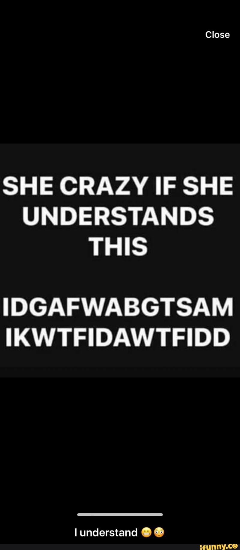 SHE CRAZY IF SHE UNDERSTANDS THIS IDGAFWABGTSAM IKWTFIDAWTFIDD I