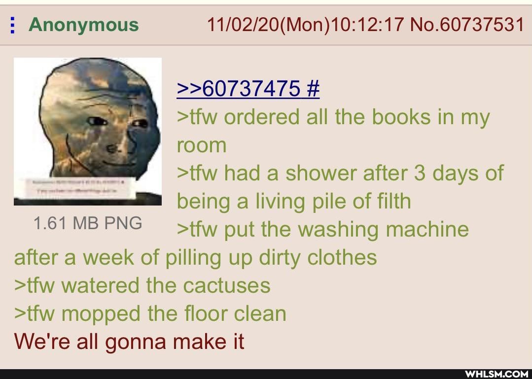 Anonymous No.60737531
>>60737475 #
>tfw ordered all the books in my room
>tfw had a shower after 3 days of being a living pile of filth
1.61MBPNG >tfw put the washing machine
1.61 MB PNG after a week of pilling up dirty clothes
>tfw watered the cactuses
>tfw mopped the floor clean
We're all gonna make it
1.61 MB PNG