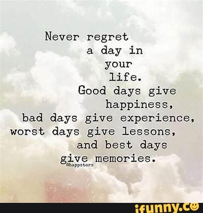 Never regret a day in your life. Good days give happiness, bad days ...