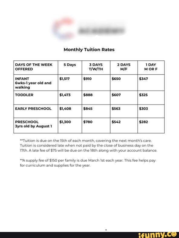 Monthly Tuition Rates DAYS OF THE WEEK I 5 Days 3 DAYS 2 DAYS 1DAY ...
