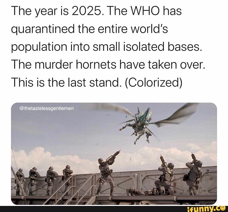 The year is 2025. The WHO has
quarantined the entire world's
population into small isolated bases.
The murder hornets have taken over.
This is the last stand. (Colorized)