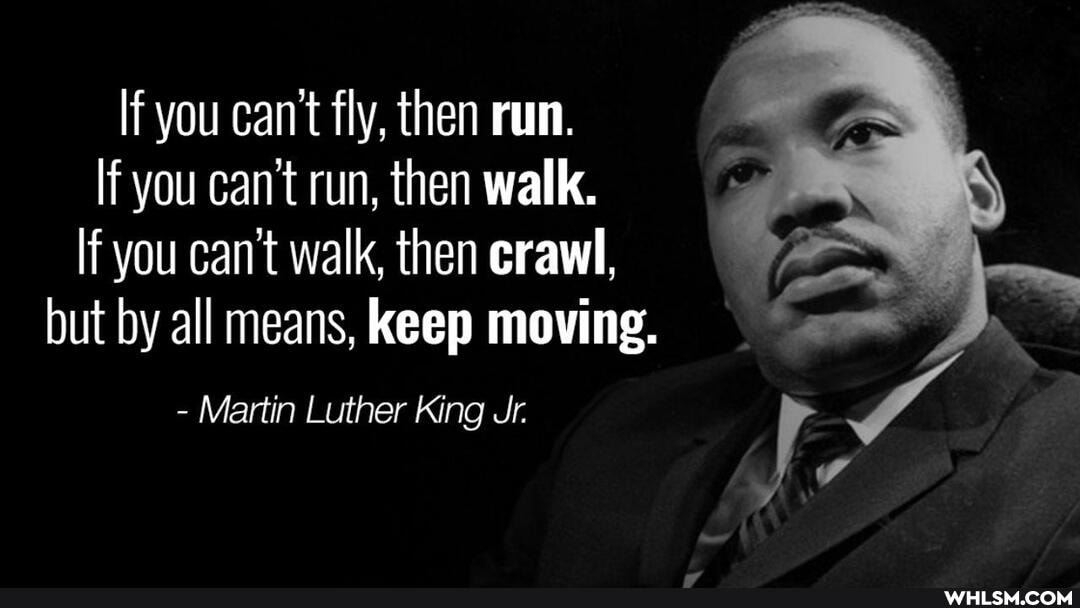 If you can't fly, then run.
If you cant run, then walk.
If you can't walk, then crawl, but by all means, keep moving.
- Martin Luther King Jr.