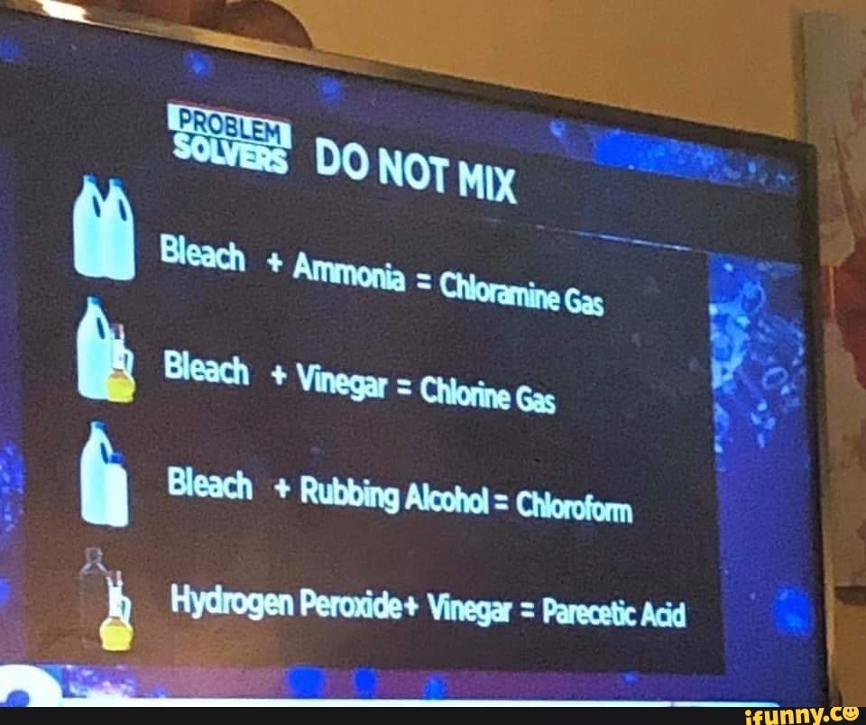 Gas
(i Bleach Rubbing Alcohol = Ctorofom
4 Hydrogen Peroxide+ Vinegar = Parecetic Acid