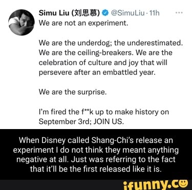 Simu Liu on X: We are not an experiment. We are the underdog; the