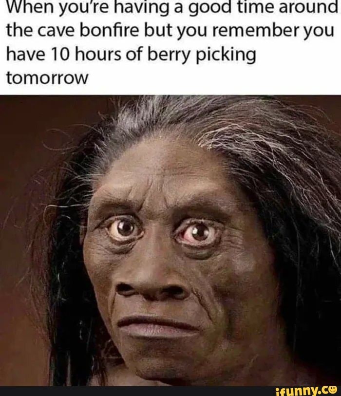 WHEN youre having a good time around the cave bonfire but you remember you have 10 hours of berry picking
tomorrow