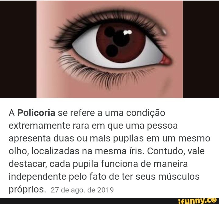 A Policoria se refere a uma condição extremamente rara em que uma pessoa apresenta duas ou mais pupilas em um mesmo olho, localizadas na mesma íris. Contudo, vale destacar, cada pupila funciona de maneira independente pelo fato de ter seus músculos próprios. 27 de ago. de 2019