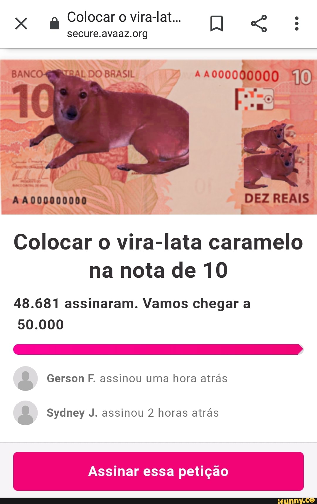 Colocar o vira-lata caramelo
na nota de 10
48.681 assinaram. Vamos chegar a
50.000
é Gerson F. assinou uma hora atrás
é Sydney J. assinou 2 horas atrás
Assinar essa petição
