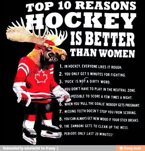 TOP 10 REASONS
CKEY
IS BETTER
THAN WOMEN
A
™ 2. YOU ONLY GET 5 MINUTES FOR FIGHTING.
ah
LOU DON'T HAVE TO PLAY IN THE NEUTRAL ZONE.
POSSIBLE TO SCORE A FEW TIMES A NIGHT.
WHEN YOU PULL THE GOALIE" NOBODY GETS PREGNANT.
7. MISSING TEETH DOESN'T STOP YoU FROM SCORING.
=) PERIODS ONLY LAST 20 MINUTES!