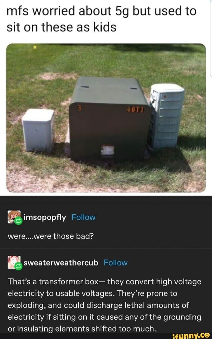 mfs worried about but used to sit on these as kids
were....were those bad?
sweaterwesthercub Follow
That's a transformer box- they convert high voltage electricity to usable voltages. They're prone to exploding, and could discharge letha! amounts of electricity if sitting on it caused any of the grounding or insulating elements shifted too much.