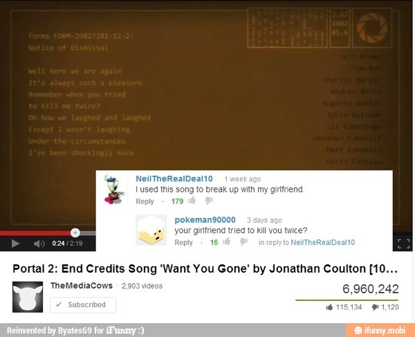 Portal 2 End Credits Song Want You Gone By Jonathan Coulton 10 Ifunny