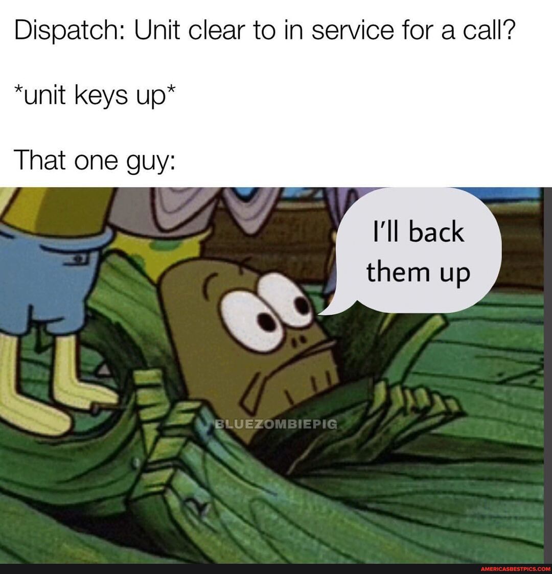 Dispatch: Unit clear to in service for a call?
*unit keys up*
That one guy:
I'll back them up
SLUEZONBIEPIG