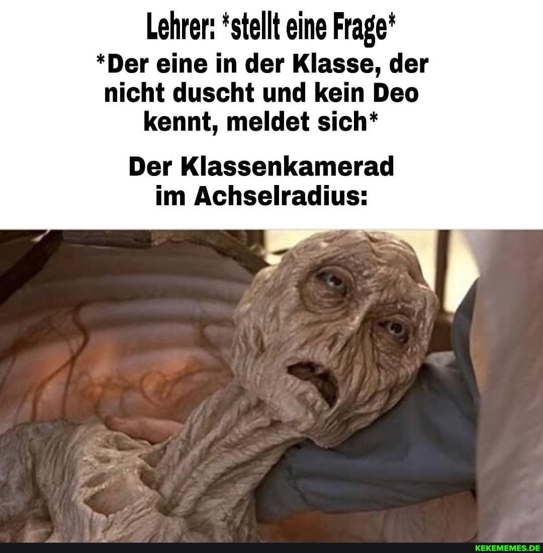 Lehrer: *stellt eine Frage*
*Der eine in der Klasse, der nicht duscht und kein Deo kennt, meldet sich*
Der Klassenkamerad im Achselradius: