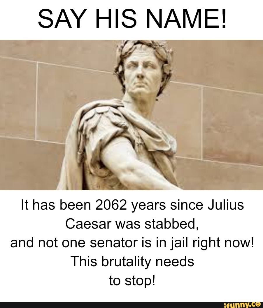 SAY HIS NAME!
It has been 2062 years since Julius
Caesar was stabbed,
and not one senator is in jail right now!
This brutality needs
to stop!