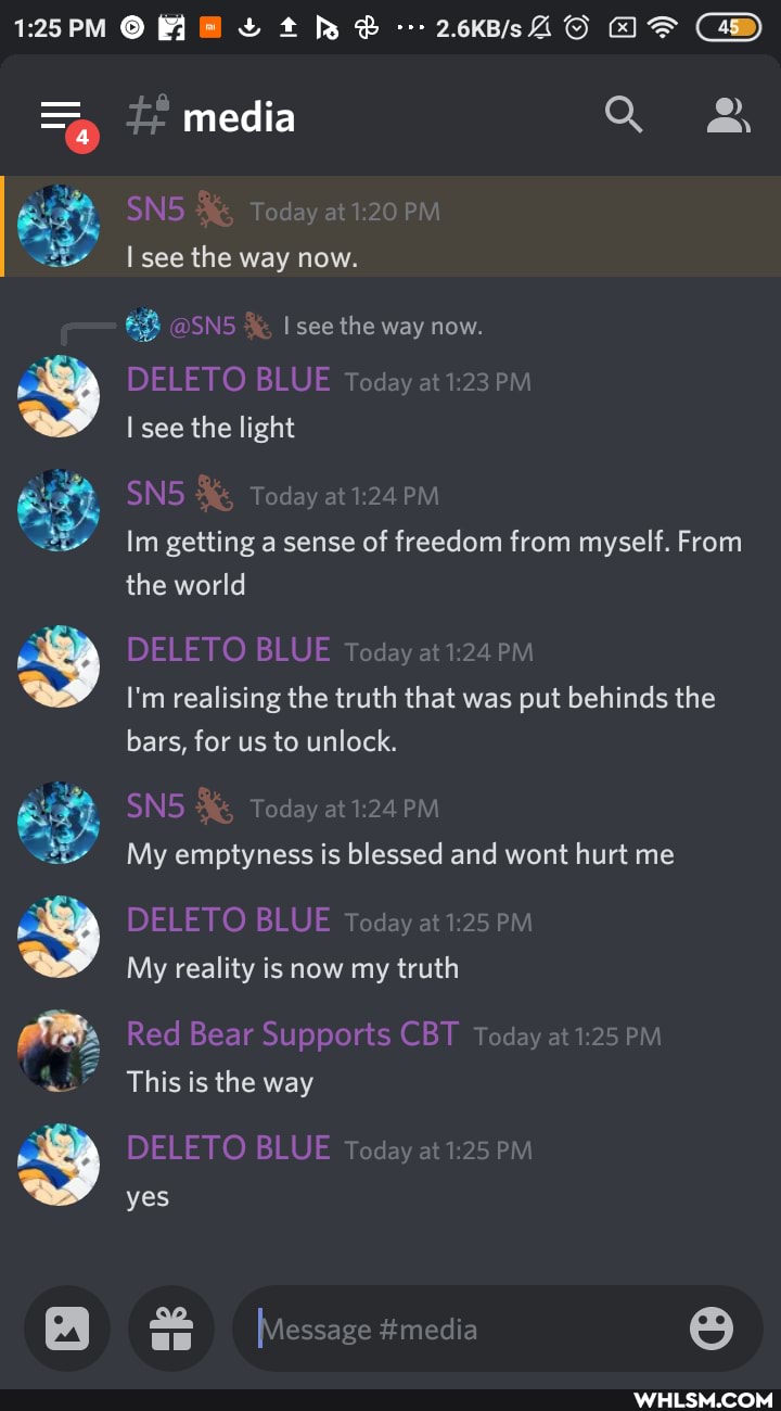 PM
all
media Q &
I see the way now.
see the way now.
DELETO BLUE M
I see the light
getting a sense of freedom from myself. From the world
DELETO BLUE a
I'm realising the truth that was put behinds the bars, for us to unlock.
My emptyness is blessed and wont hurt me
DELETO BLUE 5 M
My reality is now my truth
Red Bear Supports CBT MM This is the way
Lan
DELETO BLUE a M yes
[Message #media