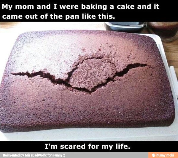 My mom and
I were baking a cake and it
came out of the pan like this.
I'm scared for my life.