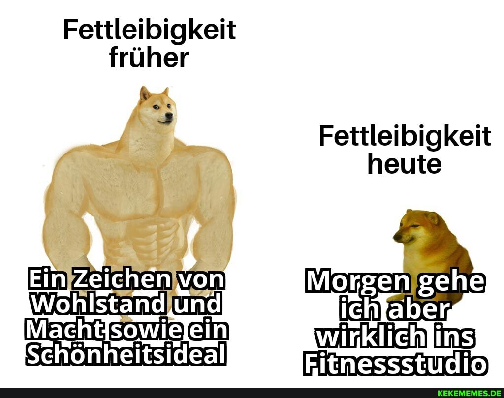 Fettleibigkeit
früher
Dar.
Fettleibigkeit heute
Wohlstandlund!
Machtlsowielein wirklichlins)
Schönheitsideal Eitnessstudio