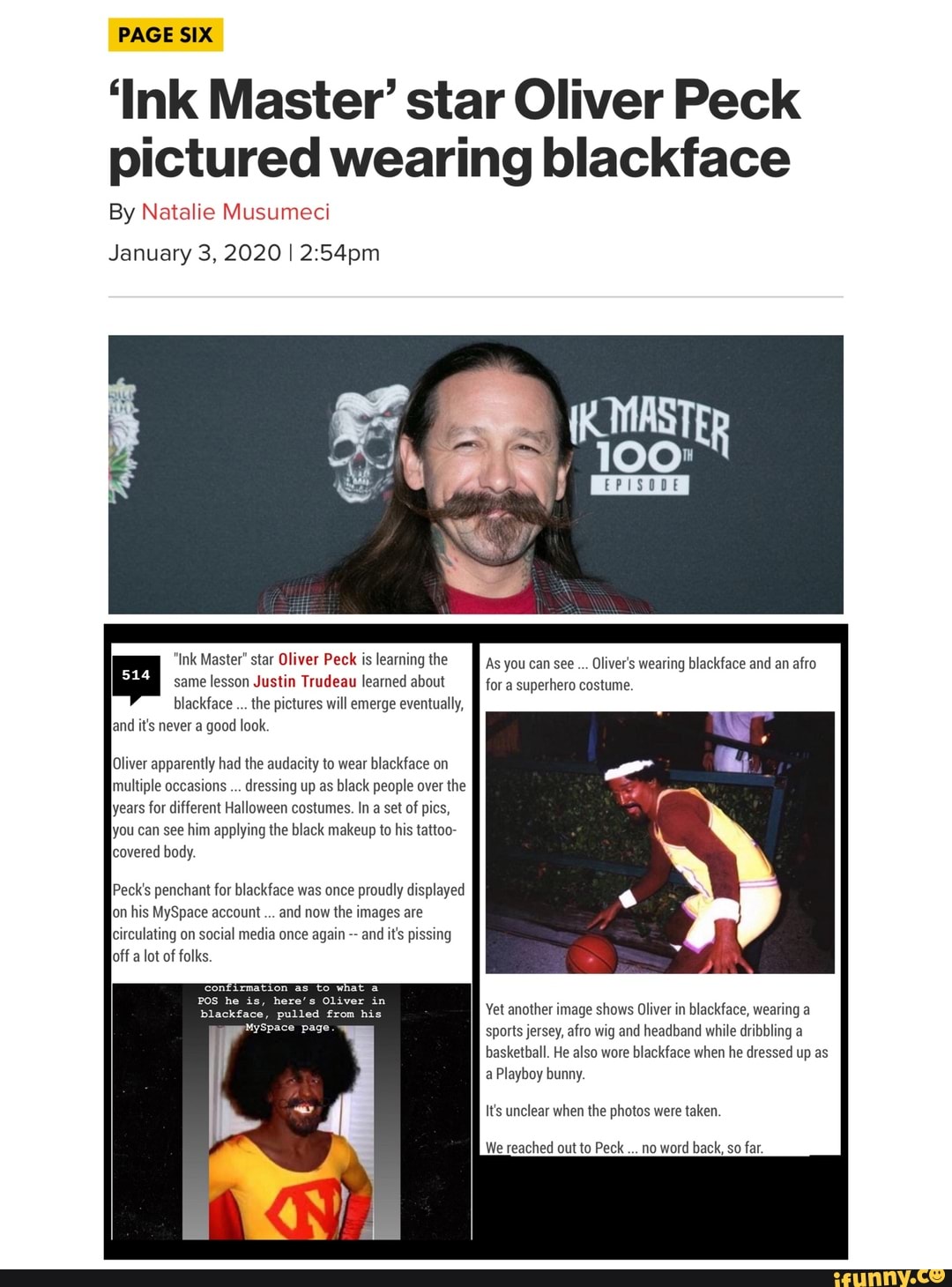 PAGE SIX 'Ink Master' star Oliver Peck pictured wearing blackface By
