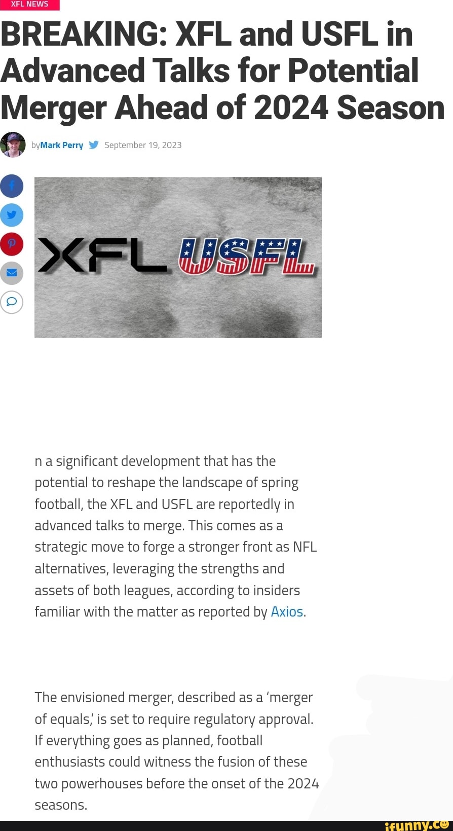 XFL and USFL announce intent to merge beginning in 2024 season