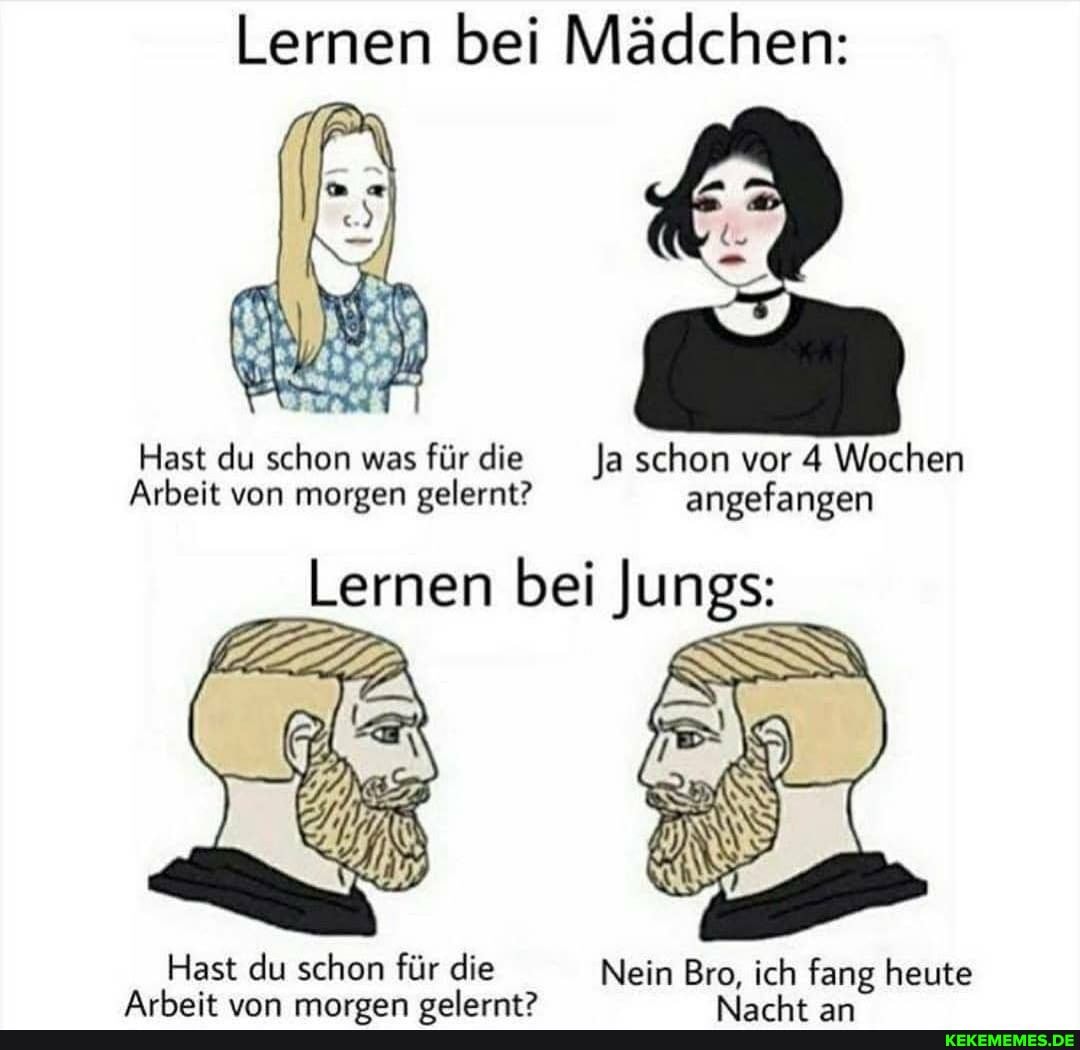 Lernen bei Mädchen:
Hast du schon was für die Ja schon vor 4 Wochen
Arbeit von morgen gelernt? angefangen
Lernen bei Jungs:
Hast du schon für die Nein Bro, ich fang heute
Arkait umn marosan aoalarnnt?