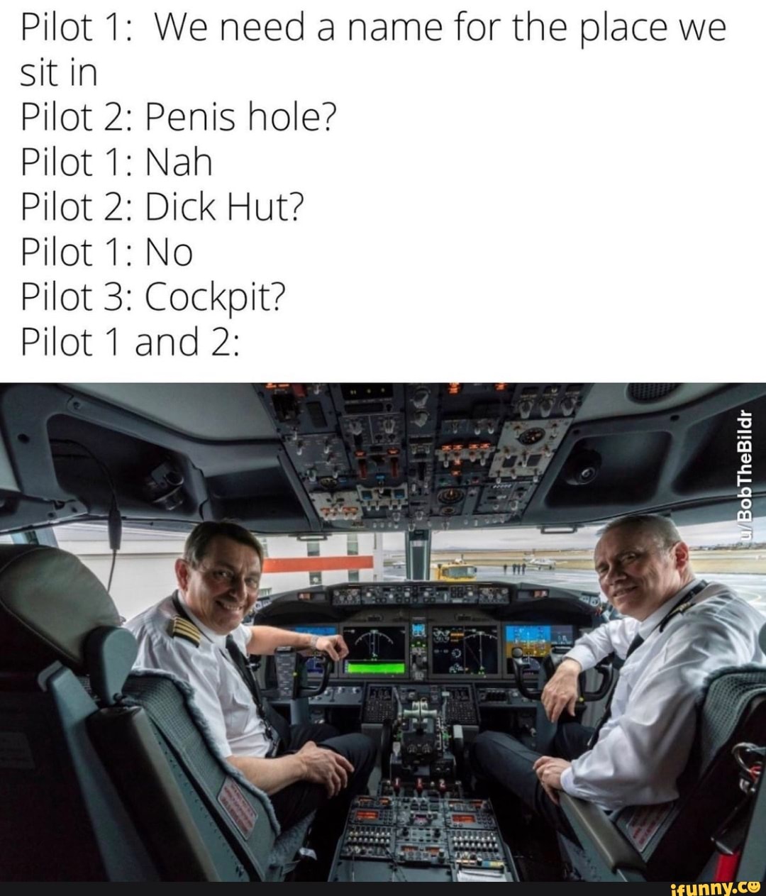 Pilot 1: We need a name for the place we
Sit in
Pilot 2: Penis hole?
Pilot 1: Nah
Pilot 2: Dick Hut?
Pilot 1: No
Pilot 3: Cockpit?
Pilot 1 and 2:
'ant...