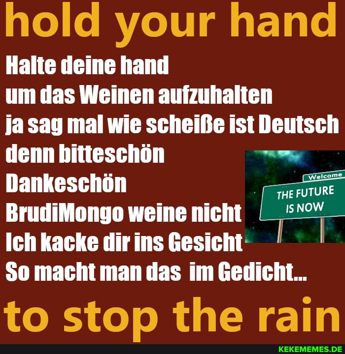 hold your hand
Halte deine hand
um das Weinen aufzuhalten
ja sag mal wie scheiße ist Deutsch
FUTURE denn bitteschön
Dankeschön
BrudiMongo weine nicht
Ich lacke dir ins Gesicht:
$o macht man das im Gedicht...
to stop the rain