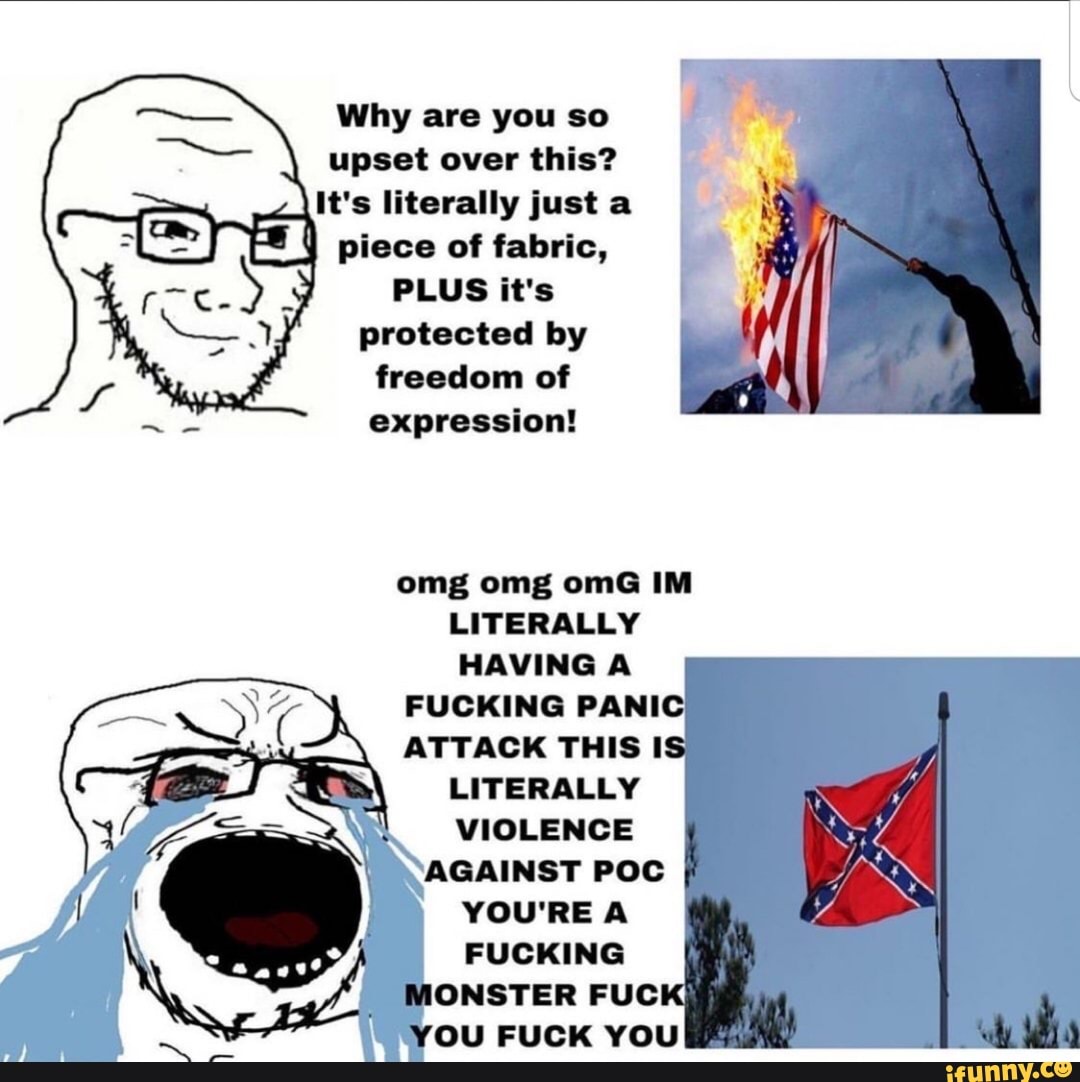 Why are you so upset over this?
It's literally just a piece of fabric,
PLUS it's protected by freedom of
expression!
omg omg omG IM LITERALLY HAVING A
FUCKING PANIC
ATTACK THIS IS LITERALLY VIOLENCE
AGAINST POC YOU'RE A FUCKING MONSTER FUC YOU FUCK YOU