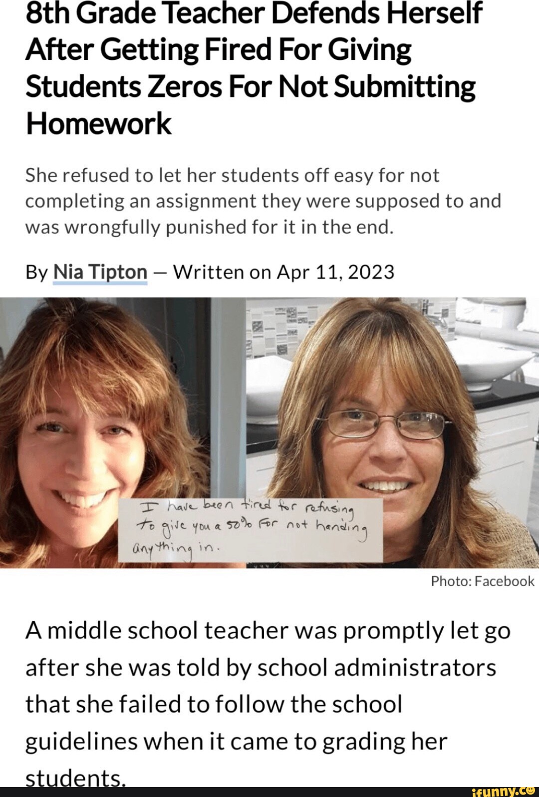 teacher fired for assignment