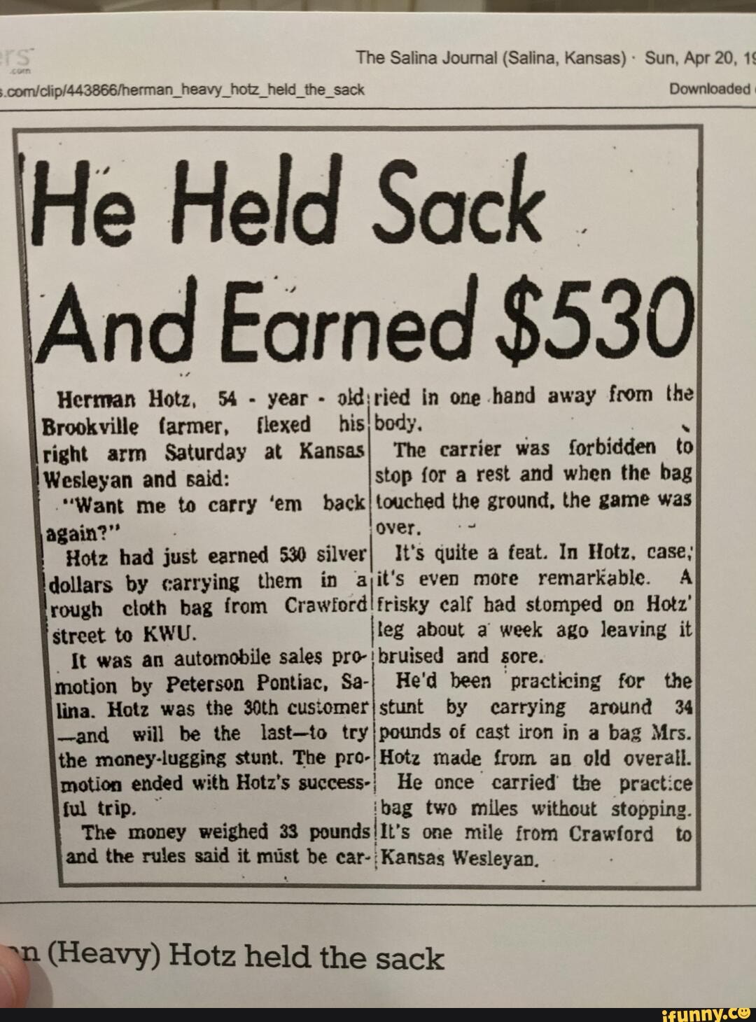 The Salina Journal (Salina, Kansas) Sun, Apr 20, Downloaded I He Held Sack  And Earned $530