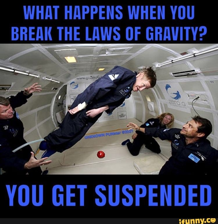 WHAT HAPPENS WHEN YOU BREAK THE LAWS OF GRAVITY? YOU GET SUSPENDED iFunny