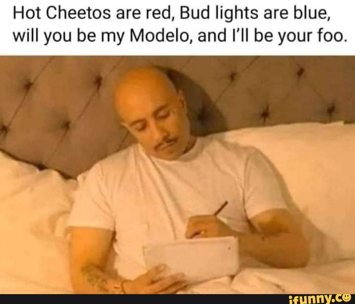 Hot Cheetos are red, Bud lights are blue, will you be my Modelo, and I