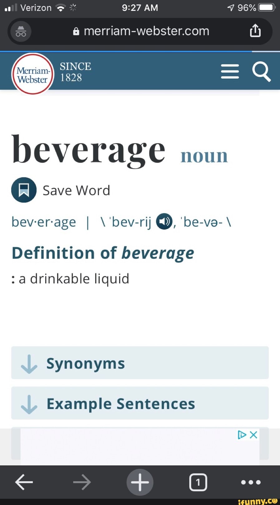 8 Merriam-webster.com Ri SINCE 1828 Beverage Noun © Save Word ...