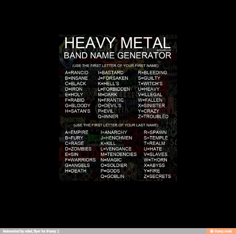 HEAVY METAL BAND NAME GENERATOR (USE THE FIRST LETTER OF YOUR FIRST