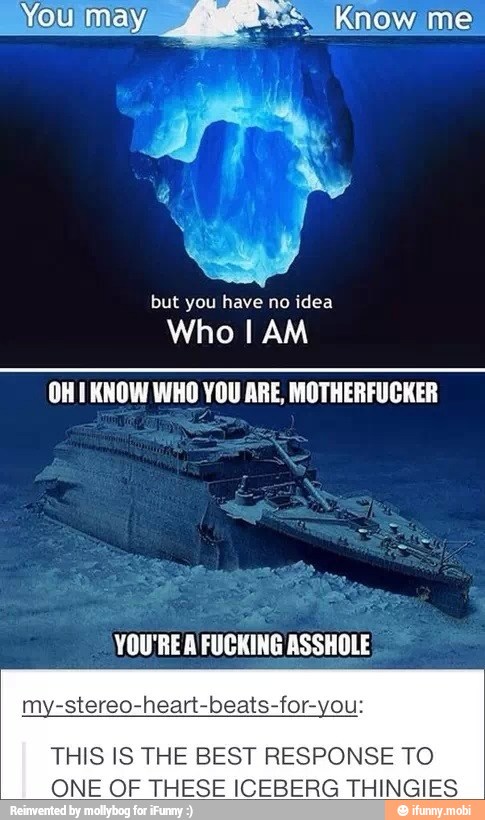 but you have no idea
OHI KNOW WHO YOU ARE, MOTHERFUCKER
YOU'RE A FUCKING ASSHOLE
my-stereo-heart-beats-for-you:
THIS IS THE BEST RESPONSE TO
ONE OF THESE ICEBERG THINGIES