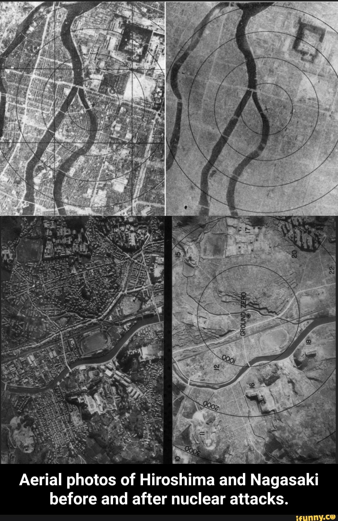 Aerial photos of Hiroshima and Nagasaki before and after nuclear attacks. - Aerial photos of Hiroshima and Nagasaki before and after nuclear attacks.