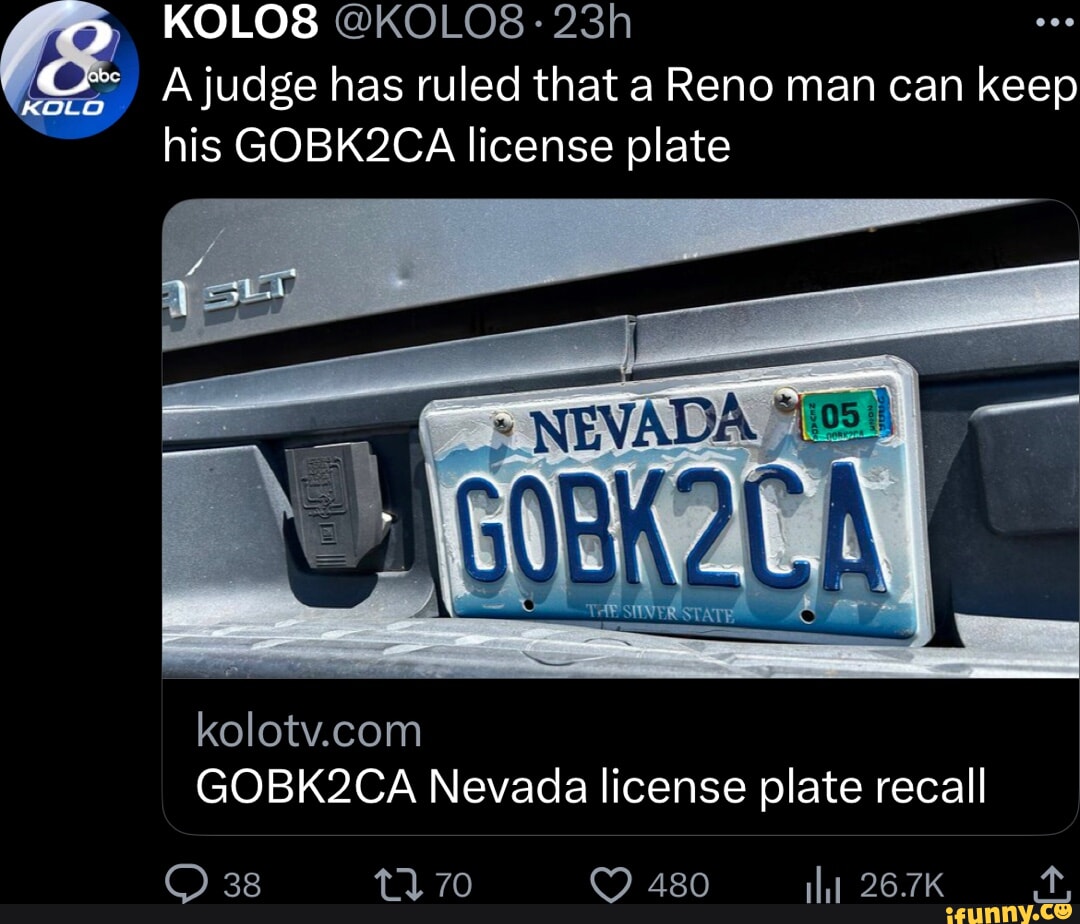 Judge rules Nevada man can keep 'GOBK2CA' license plate