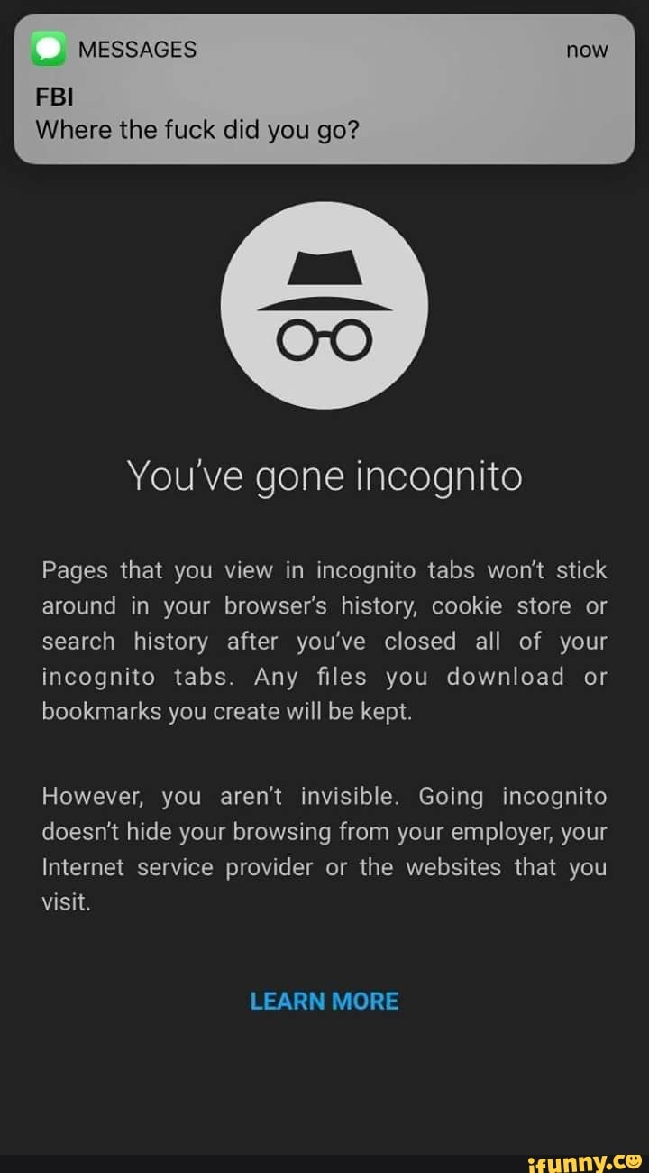 Where the fuck did you go?
You've gone incognito
Pages that you view in incognito tabs won't stick
around in your browser's history, cookie store or
search history after you've closed all of your
incognito tabs. Any files you download or
bookmarks you create will be kept.
However, you aren't invisible. Going incognito
doesn't hide your browsing from your employer, your
Internet service provider or the websites that you