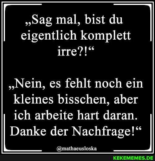 I "Sag mal, eigentlich bist du komplett I eigentlich komplett
irre?!"
"Nein, es fehlt noch ein kleines bisschen, aber ich arbeite hart daran.
Danke der Nachfrage!"
an.