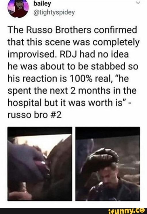 The Russo Brothers confirmed that this scene was completely improvised. RDJ had no idea he was about to be stabbed so his reaction is 100% real, "he spent the next 2 months in the hospital but it was worth is" - russo bro #2