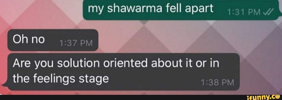 My shawarma fell apart 5.) py_y IAN Are you solution oriented about it or  in the feelings stage - iFunny