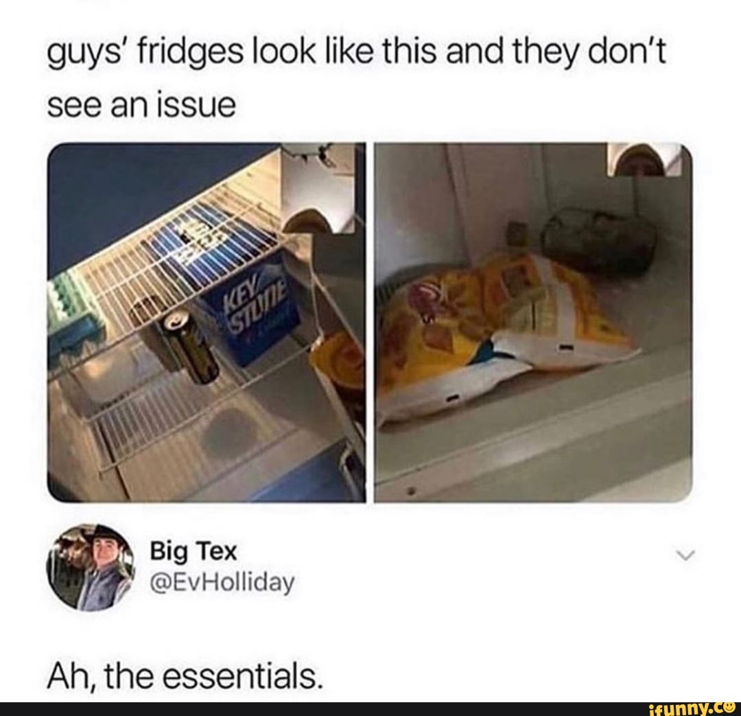 guys' fridges look like this and they don't
see an issue
Ah, the essentials.