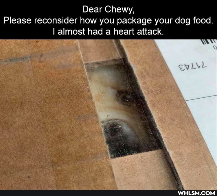 Dear Chewy,
Please reconsider how you package your dog food.
I almost had a heart attack.